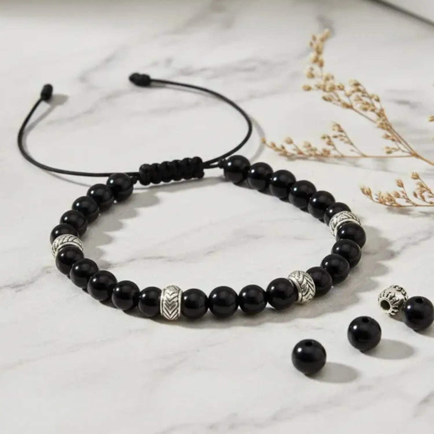 Pulsera Obsidiana Negra y Plata Ajustable - Bisutería Lola J