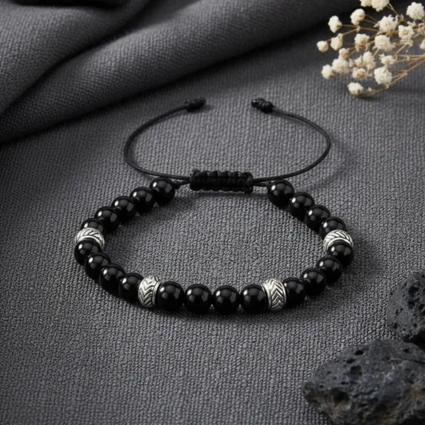 Pulsera Obsidiana Negra y Plata Ajustable - Bisutería Lola K