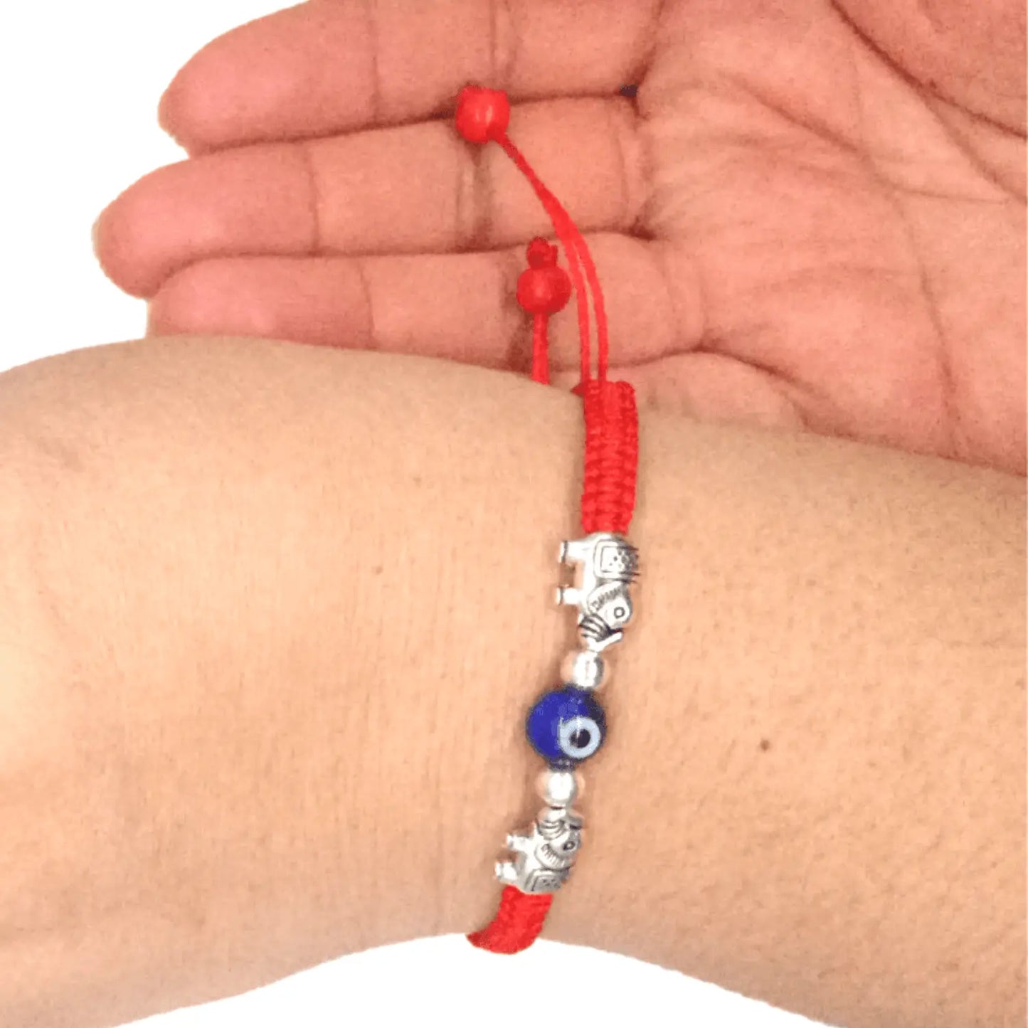 Pulsera Ojo Turco con Elefantes de Plata – Hilo Rojo - Bisuteria Lola B