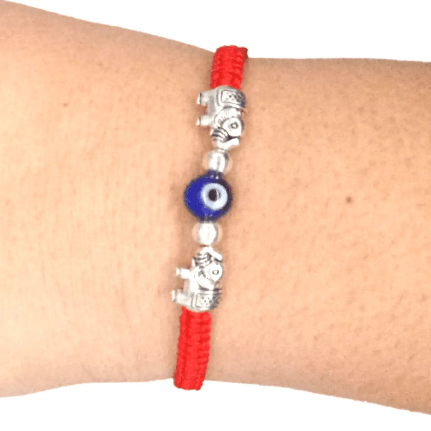 Pulsera Ojo Turco con Elefantes de Plata – Hilo Rojo - Bisuteria Lola D