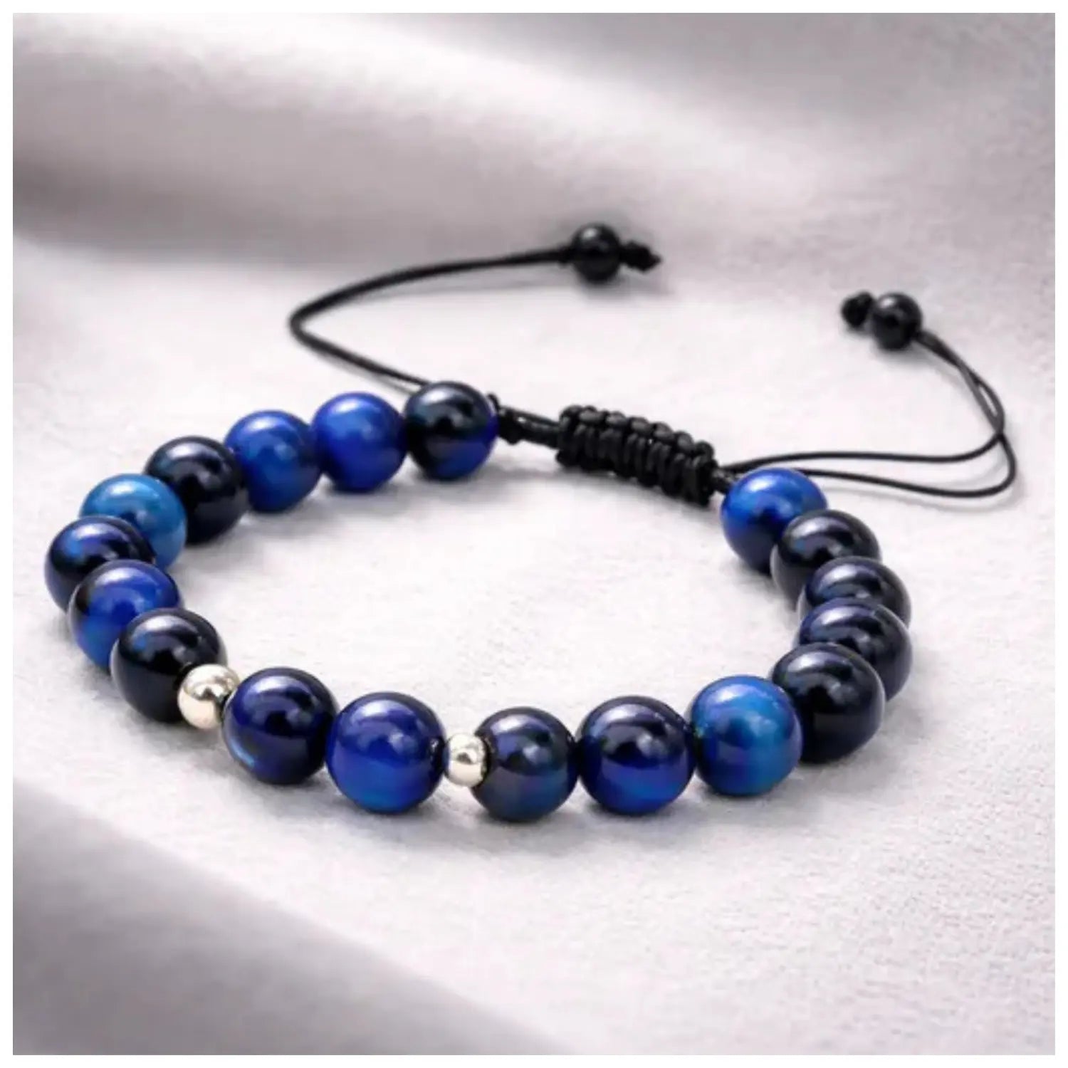 Pulsera Ojo de Tigre Azul y Plata Protección Energética Ajustable - Bisutería Lola C