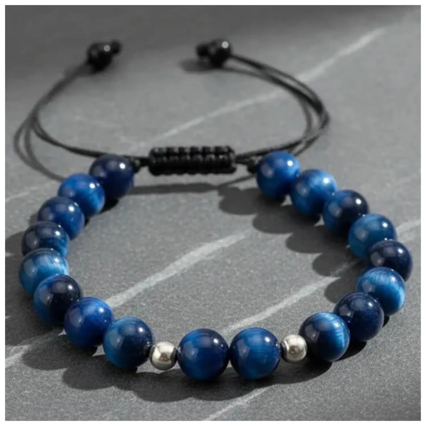 Pulsera Ojo de Tigre Azul y Plata Protección Energética Ajustable - Bisutería Lola E