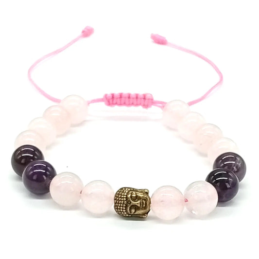 Pulsera Piedra Natural Cuarzo Rosa y Amatista con Dije de Buda - Bisutería Lola A