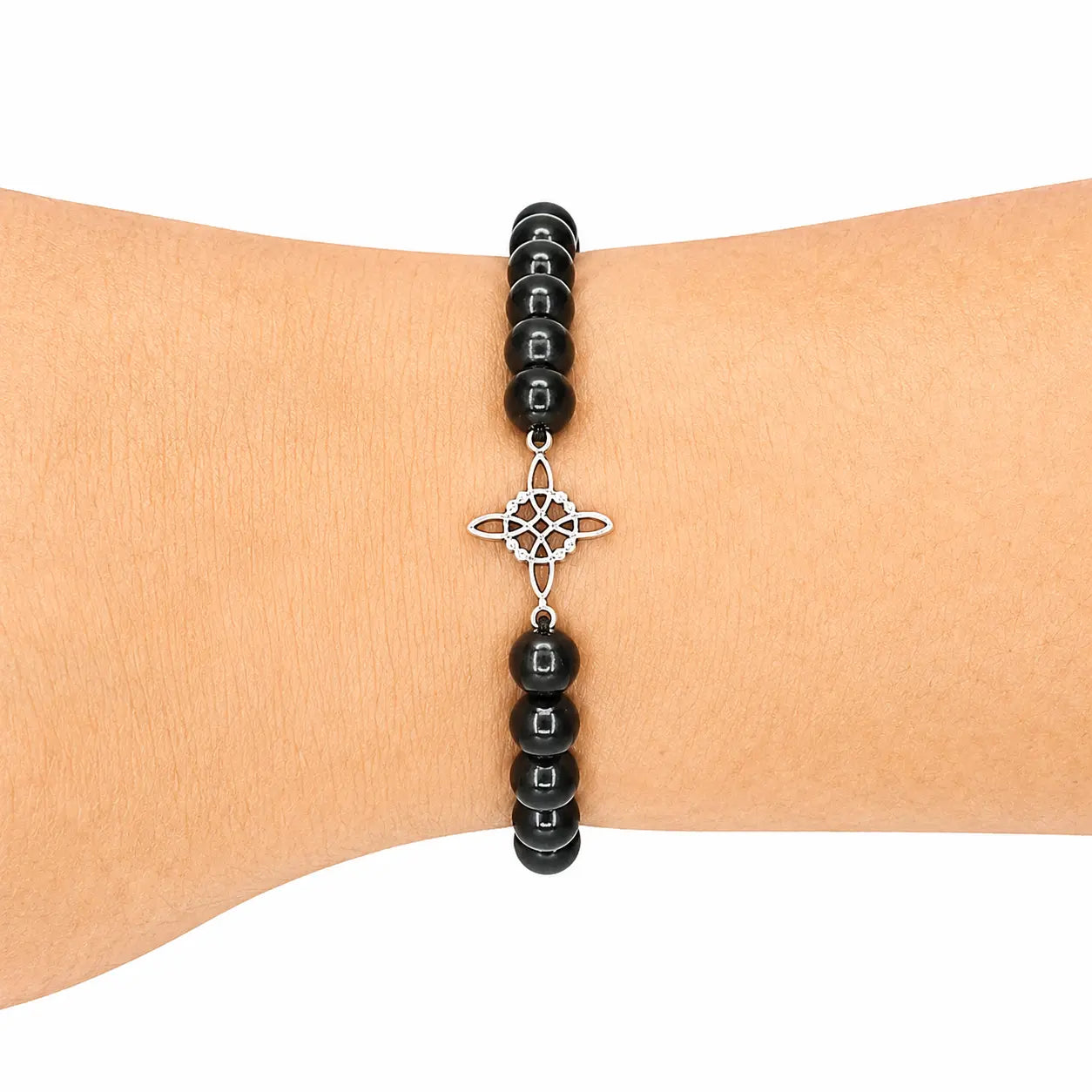 Pulsera Shungita Original con Dije Nudo de Bruja de Plata - Bisutería Lola E