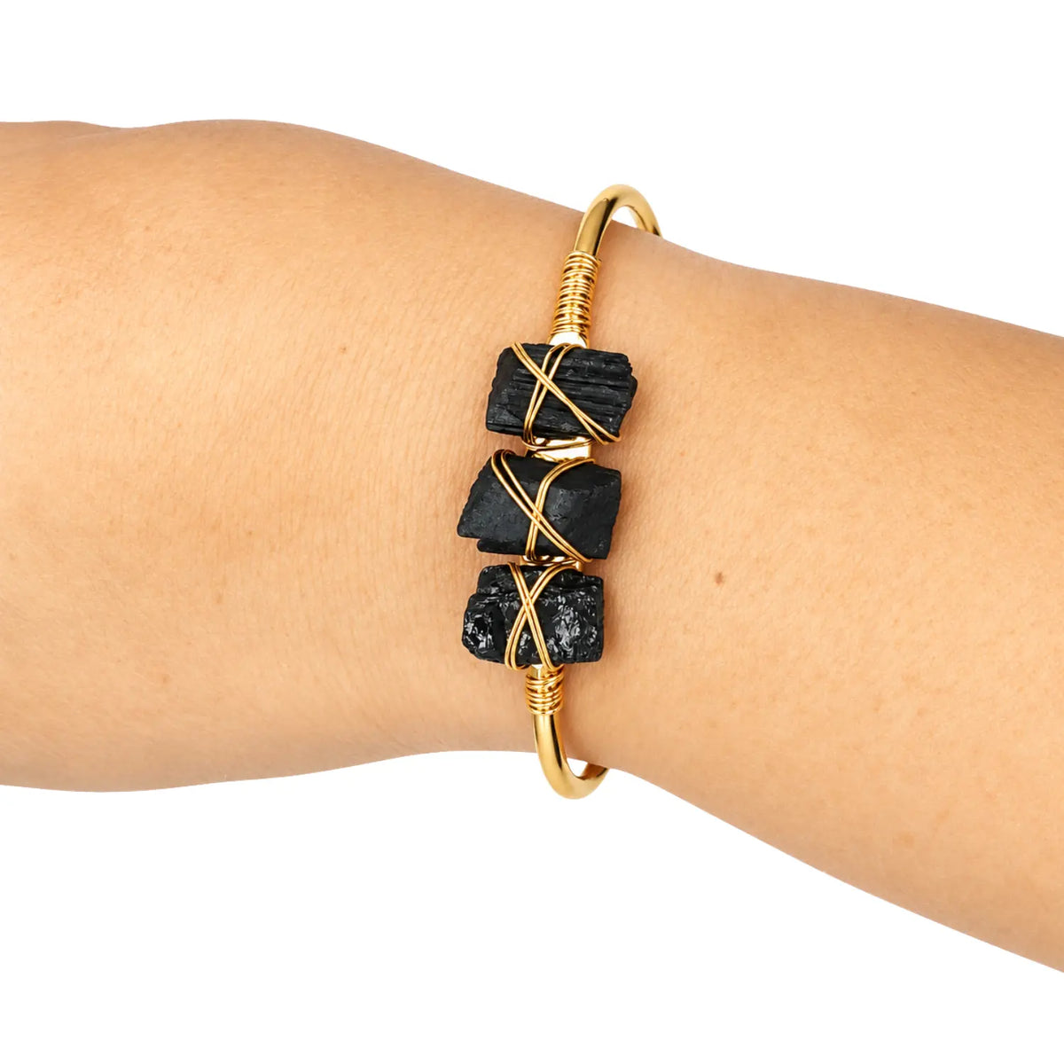Pulsera Turmalina Negra en Bruto Acero Dorado Protección - Bisutería Lola B
