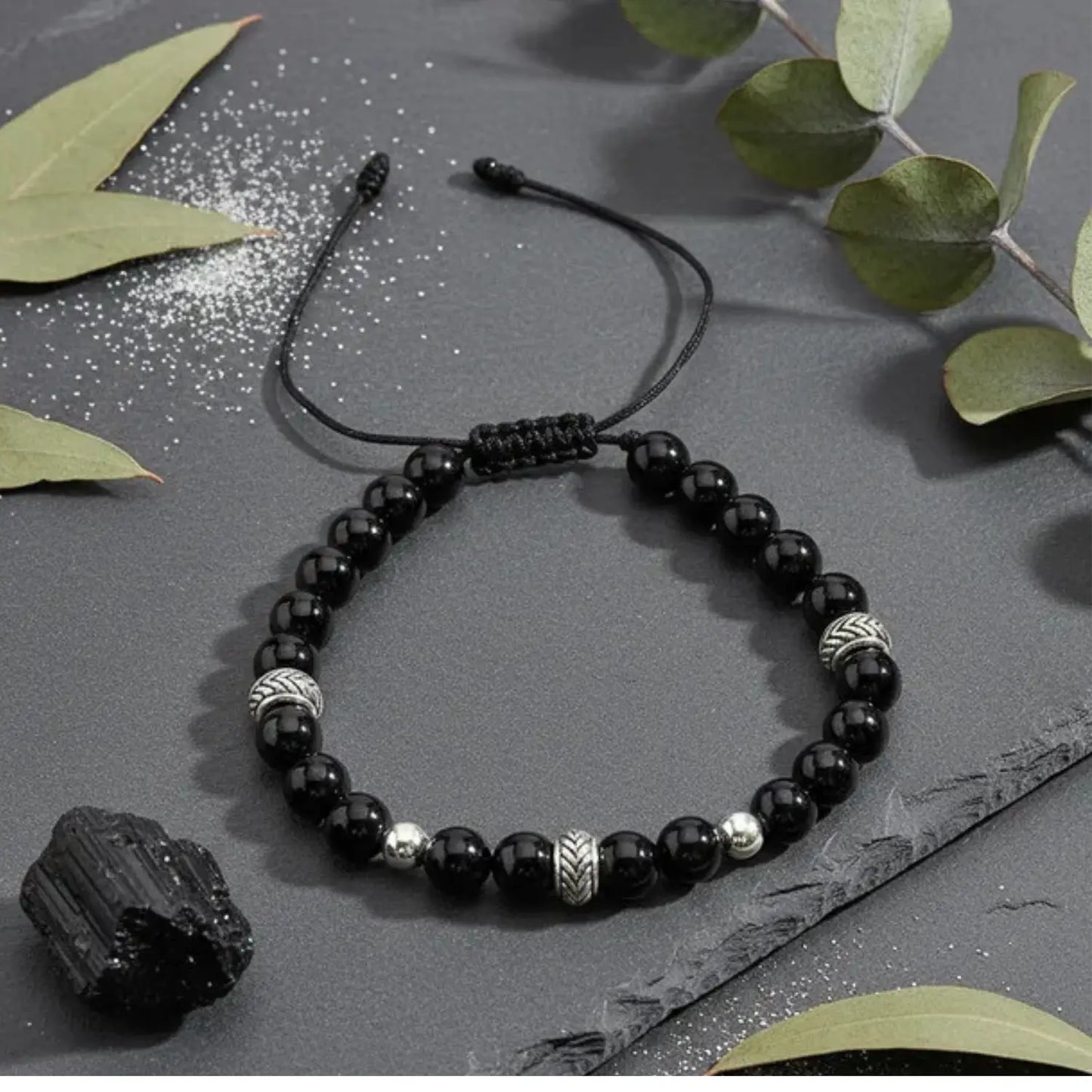 Pulsera Turmalina Negra y Plata Ajustable – Piedra Natural Original - Bisutería Lola H