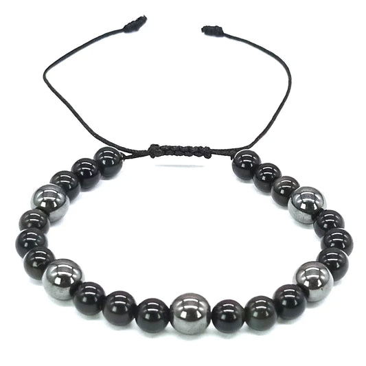 Pulsera de Piedra Natural Obsidiana Negra y Hematita - Mistica y Proteccion A