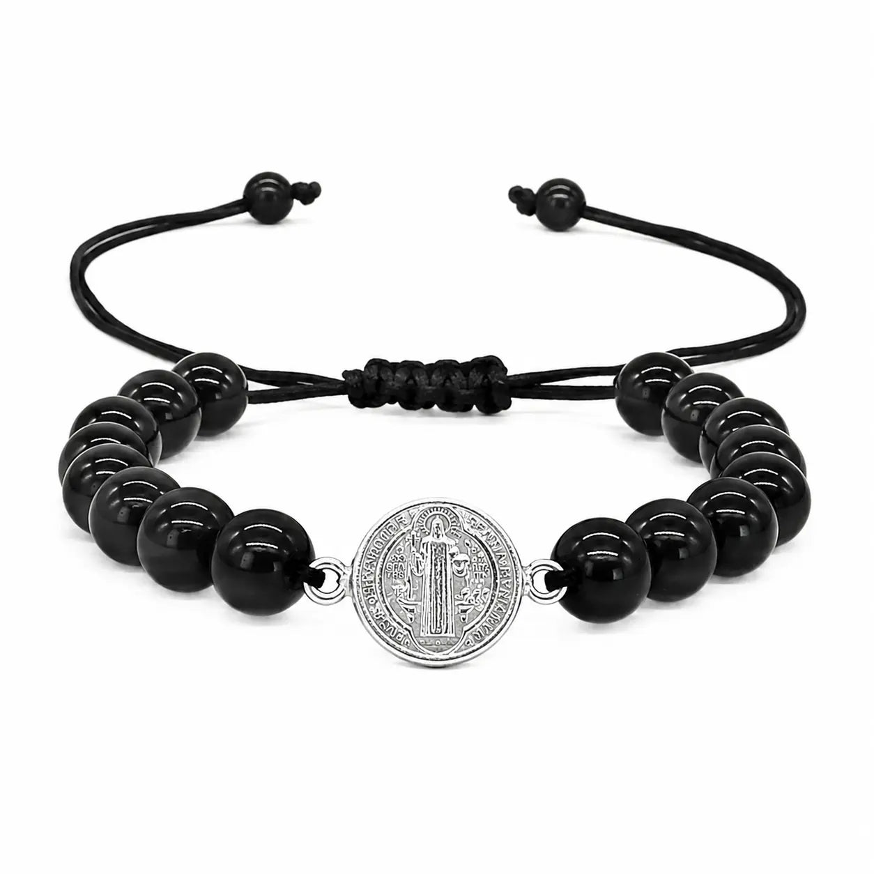 Pulsera Piedra Natural Ónix con Dije San Benito de Plata para Protección - Bisutería Lola A
