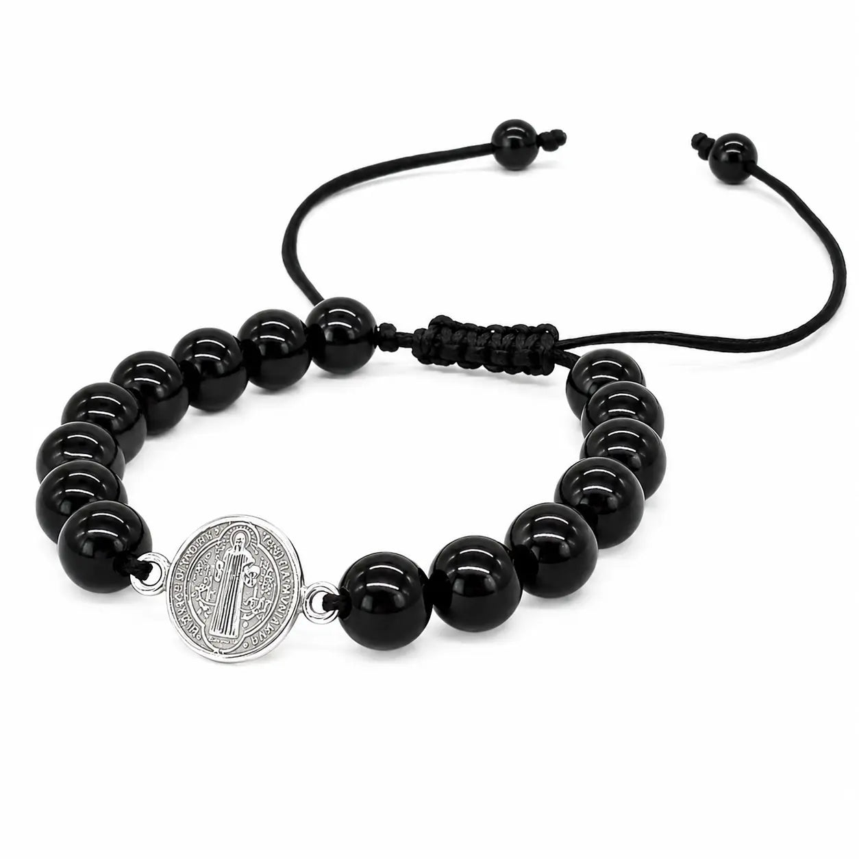Pulsera Piedra Natural Ónix con Dije San Benito de Plata para Protección - Bisutería Lola C