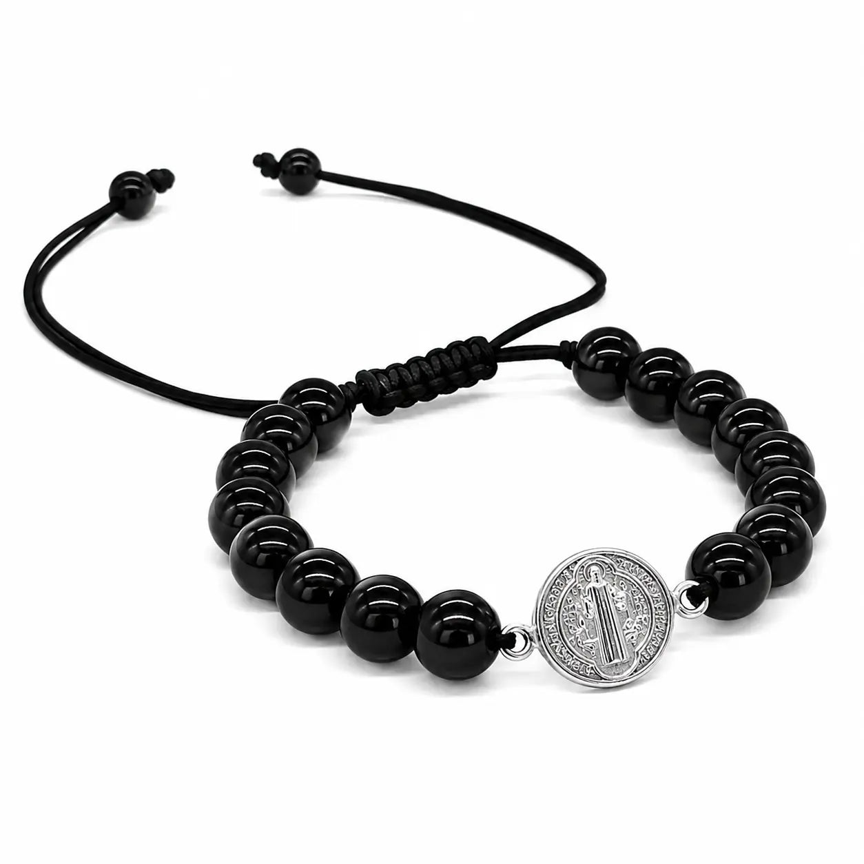 Pulsera Piedra Natural Ónix con Dije San Benito de Plata para Protección - Bisutería Lola E
