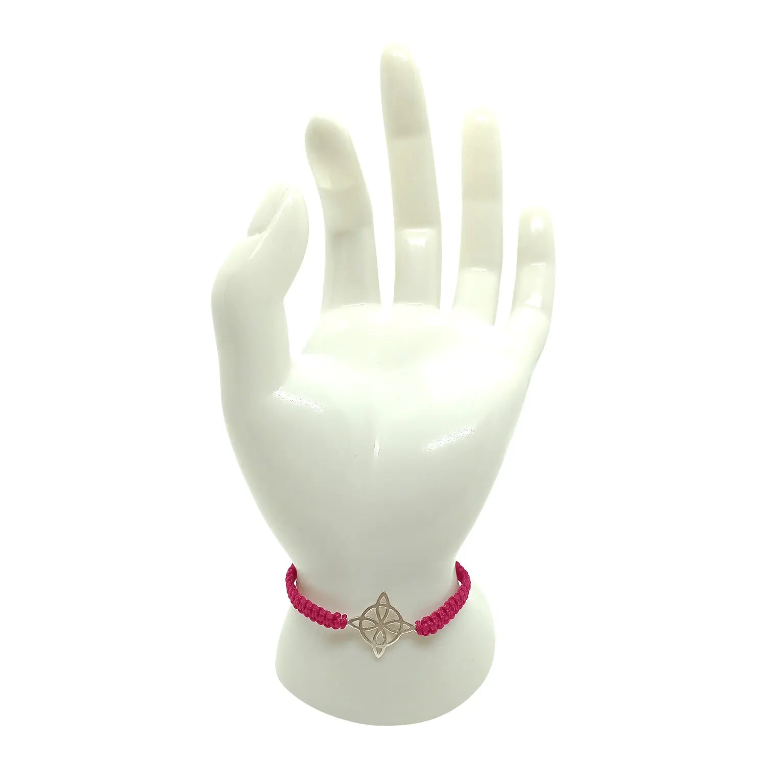 Pulsera de Protección Fucsia con Dije de Nudo de Bruja de Plata – Hilo Macramé Reciclado - Bisutería Lola B