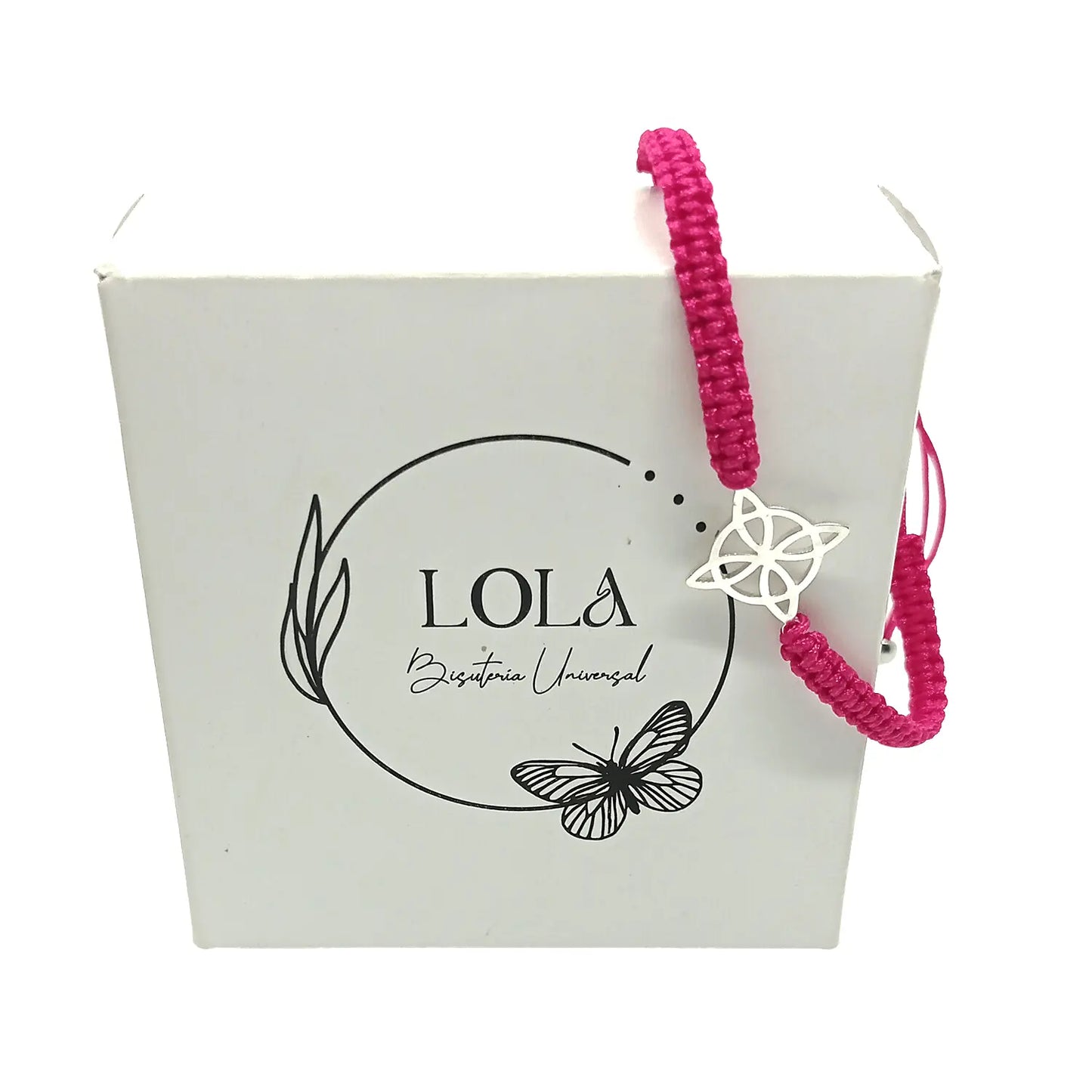 Pulsera de Protección Fucsia con Dije de Nudo de Bruja de Plata – Hilo Macramé Reciclado - Bisutería Lola C