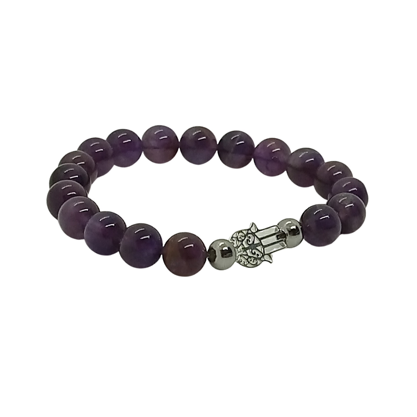 Pulsera Artesanal Amatista con Mano de Fátima – Amatista Natural de 8mm con Mano de Fátima Plata de Ley 925