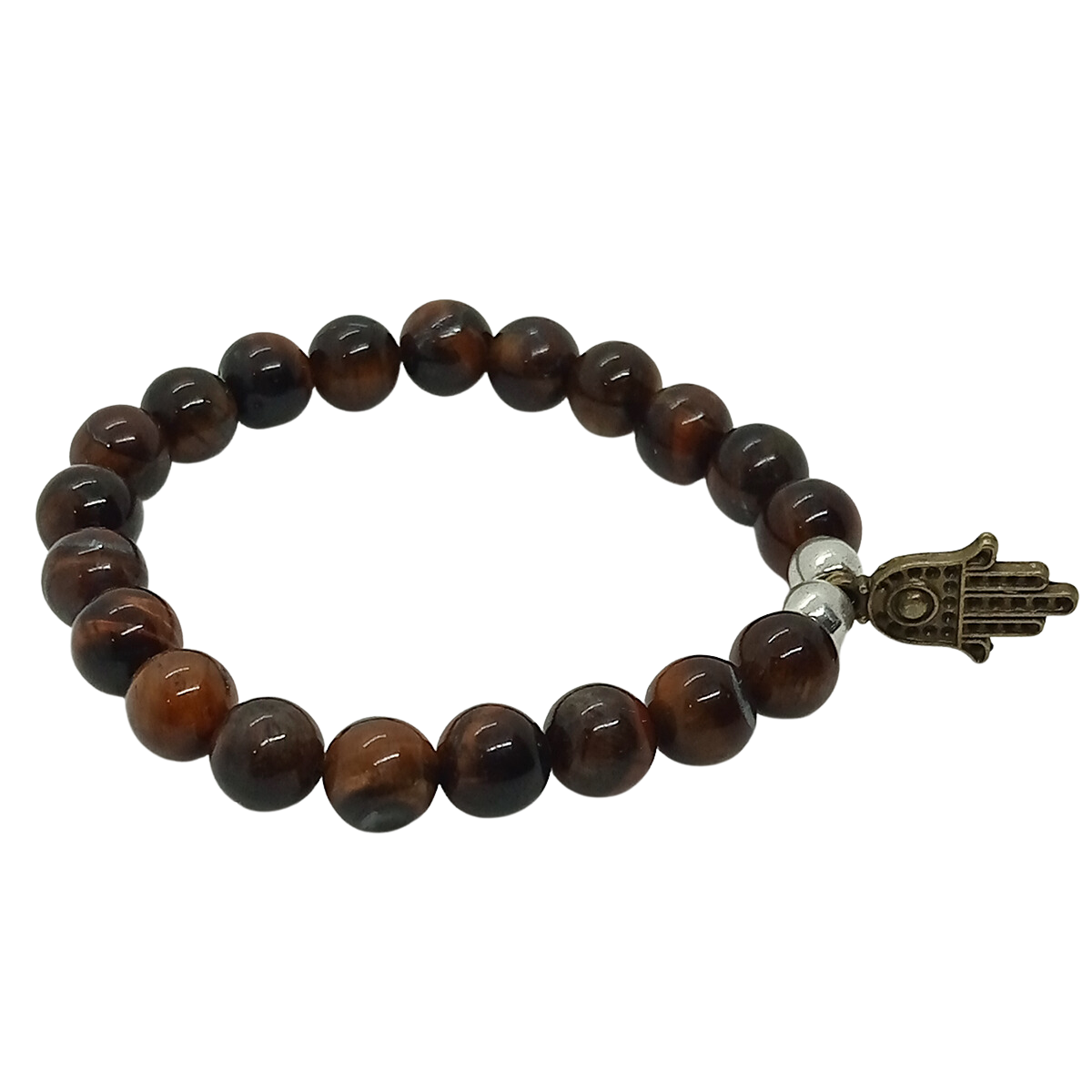 Pulsera Artesanal Ojo de Tigre con Mano de Fátima – Piedra Natural de 8mm